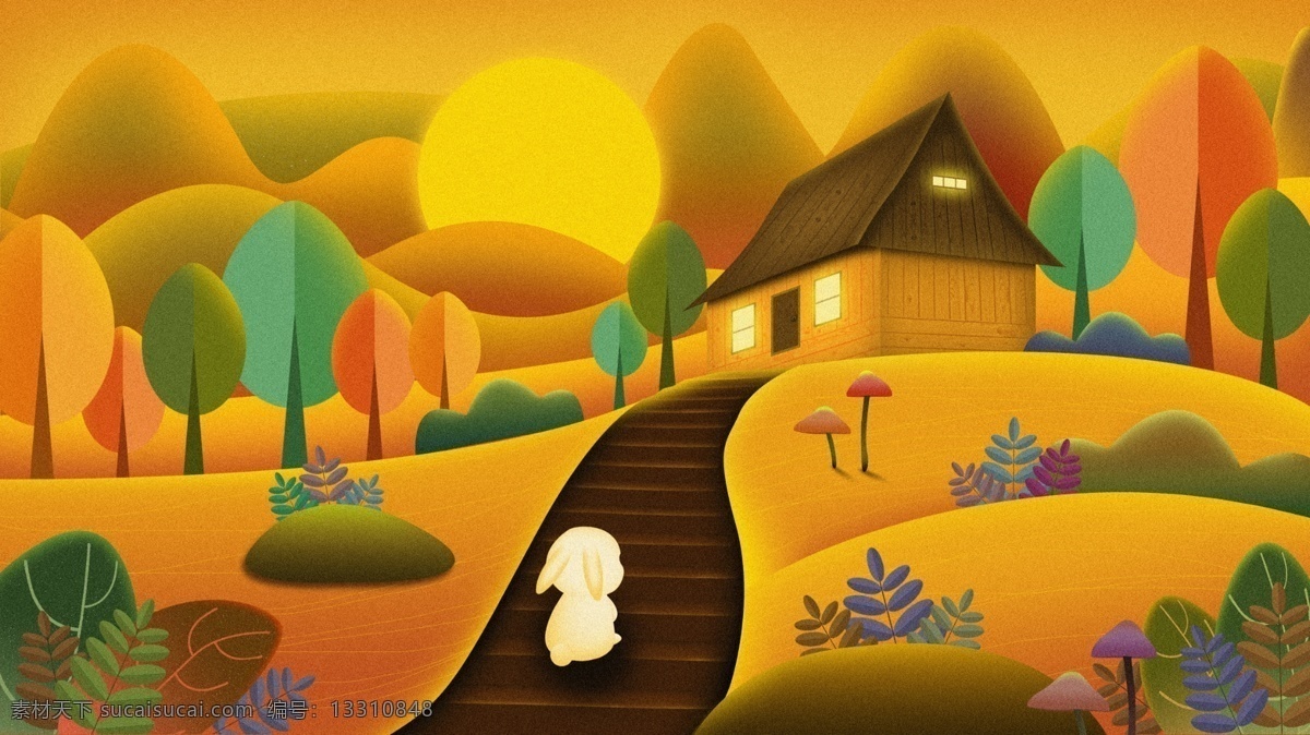 秋天 插画 场景 电脑 桌面 手机 壁纸 秋分 兔子 卡通 树林 房子 黄色 你好秋天 秋天你好 插画场景 电脑桌面 手机壁纸 手绘 落日 丛林 山坡 屋子 温暖 大地色 黄绿 夕阳 山川 楼梯