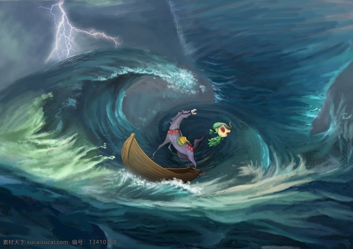 柳毅传书插画 柳毅 海浪 动画 背景 插画 风暴 船 翻船 闪电 神话 原创作品 分层