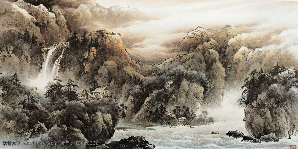 彩墨山水画 风景画 国画 绘画书法 瀑布 山 山水画 江畔 人家 设计素材 模板下载 江畔人家 黄玉洲 黄玉洲国画 中国画 写意画 书法 大师作品 写意 水 树 水墨画 黄玉 洲 彩墨 文化艺术 装饰素材 山水风景画