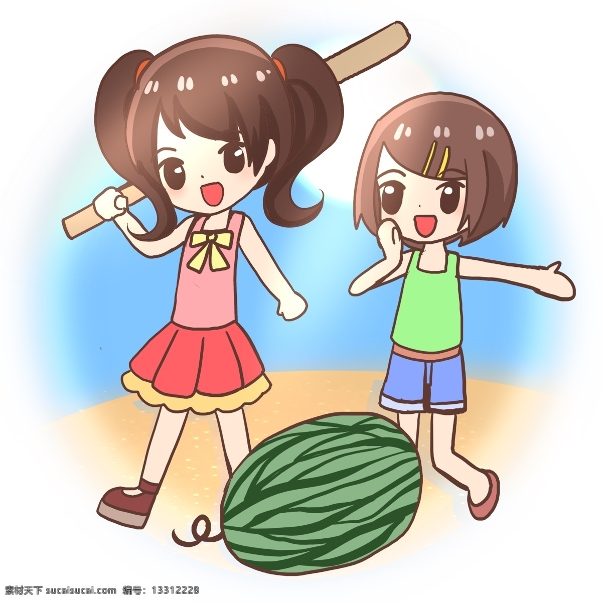 夏日 海边 西瓜 夏天 夏季 嬉戏 沙滩 大西瓜 游戏 女孩子 朋友 美味 凉爽 裙子 降暑 玩耍 童趣 避暑 降温
