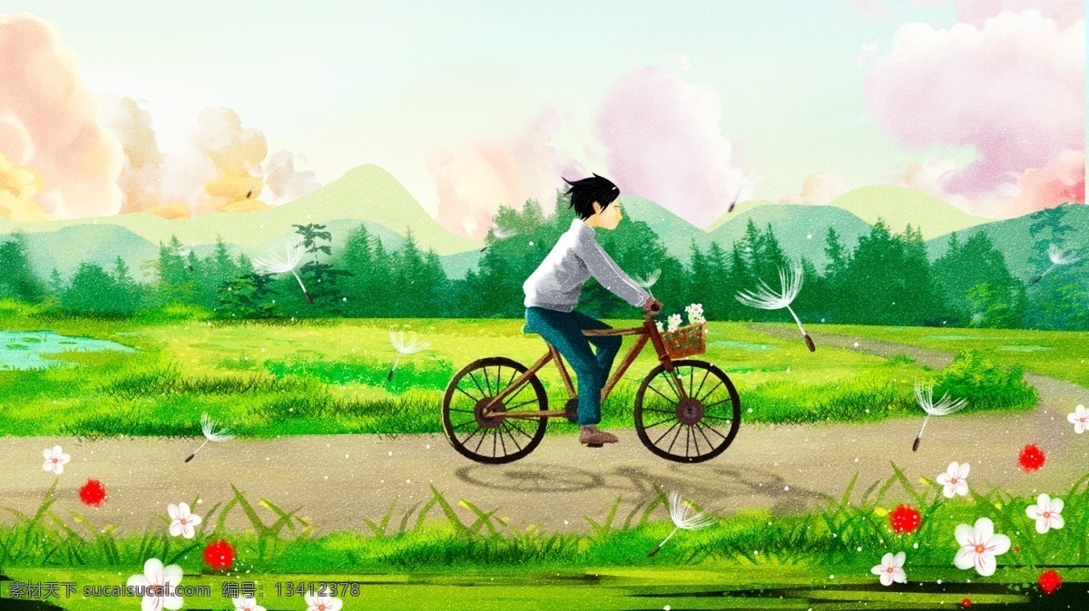 绿色 春天 出游 旅行 二十四节气 春分 自驾游 插画 青绿色 同学 毕业 小轿车 行李 草地 天空 白云 微信配图 节气 海报 配图 背景