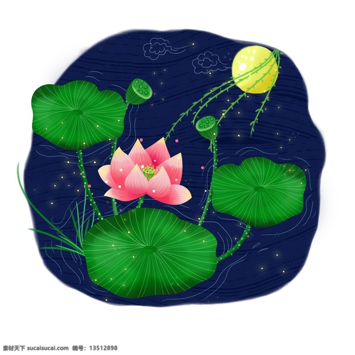 立夏 荷叶 夏夜 手绘 卡通 唯美 插画 荷花 植物 夏天 花 装饰 月亮 夏