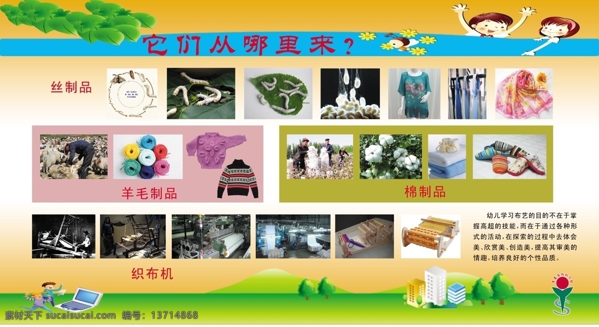 蚕 广告设计模板 领带 毛线 毛衣 棉花 拖鞋 幼儿园展板 丝制品 桑叶 羊毛制品 织布机 展板模板 源文件 其他展板设计