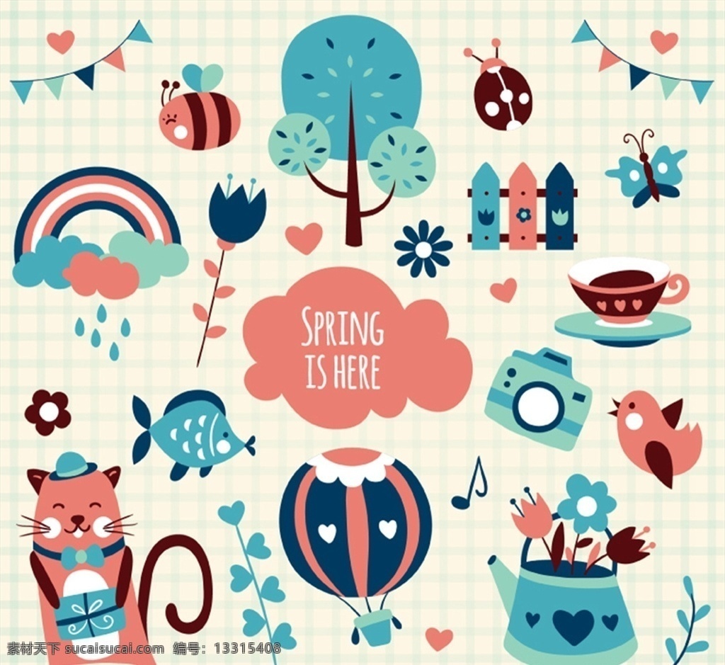 卡通 春季 元素 三角拉旗 树木 爱心 花卉 云朵 彩虹 矢量 高清图片