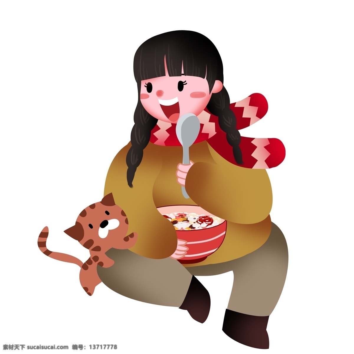 手绘 腊八节 腊八粥 插画 开心的女孩 漂亮的话筒 卡通插画 馋嘴的猫咪 美味的腊八粥 手绘话筒插画