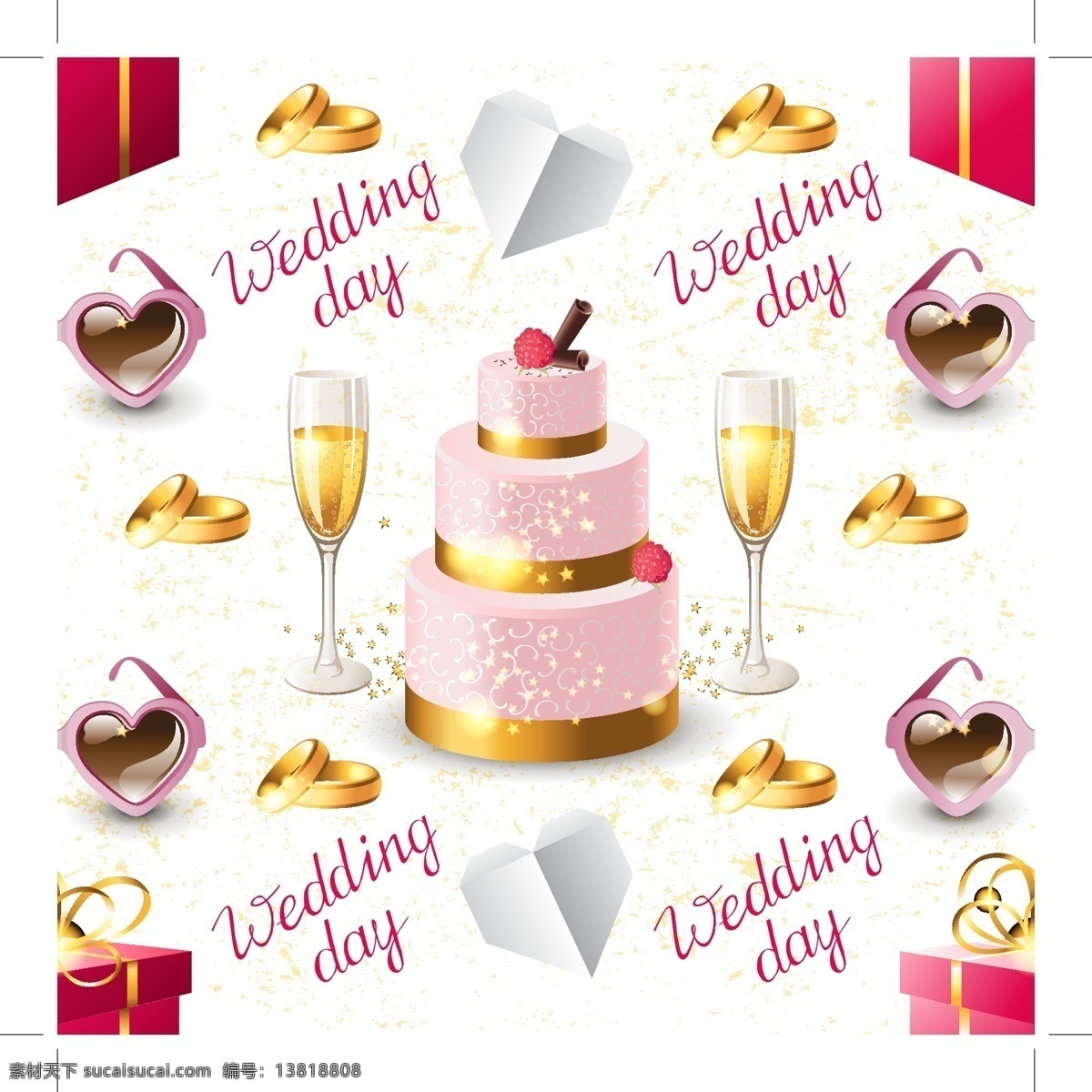 婚礼 香槟 蛋糕 无缝 背景 矢量 结婚纪念日 对戒 爱心 礼盒 礼物 矢量图