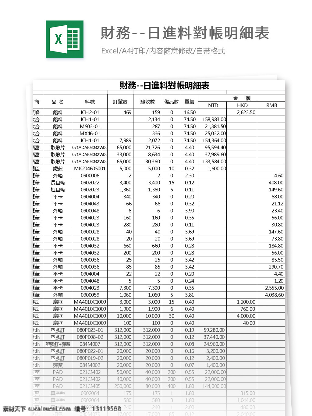 财务 日 进料 对账 明细表 excel 模板 表格模板 图表 表格设计 表格