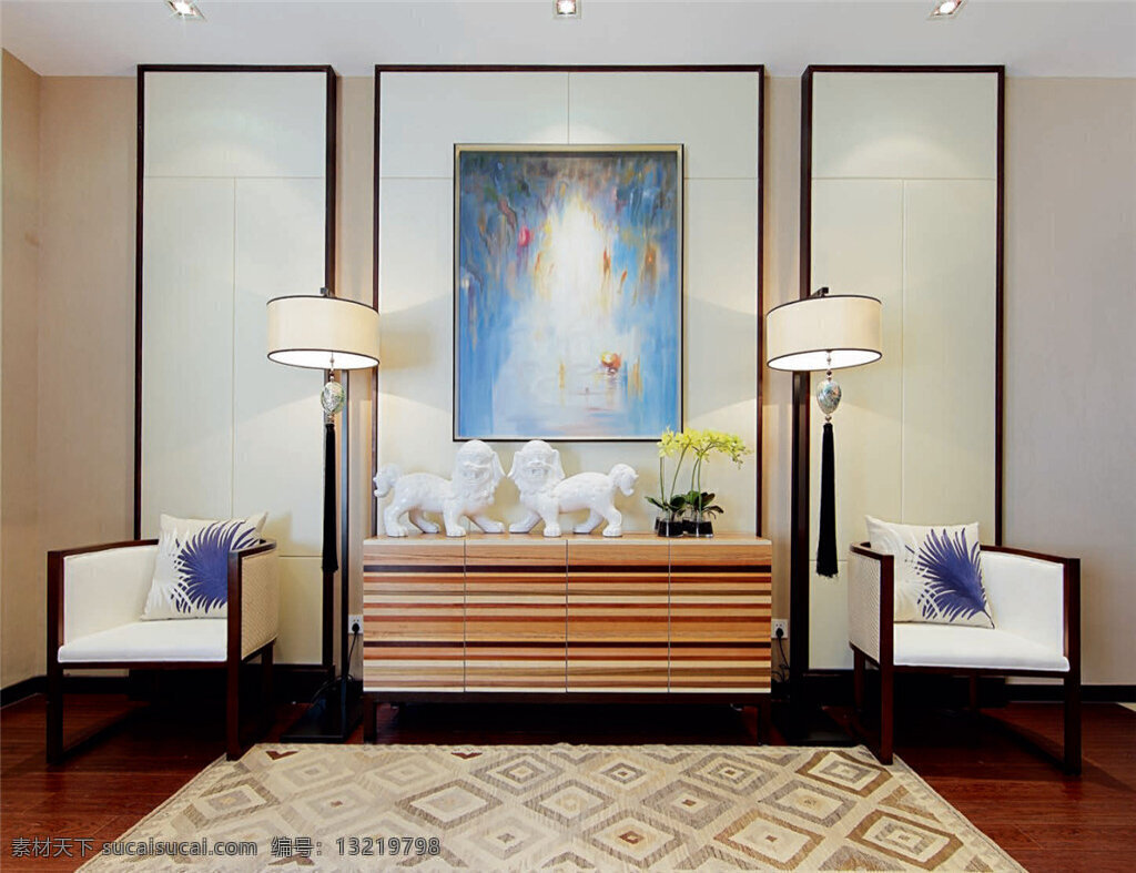 现代 时尚 客厅 雪白色 沙发椅 室内装修 效果图 客厅装修 木地板 花纹地毯 浅蓝色挂画 横条纹茶几