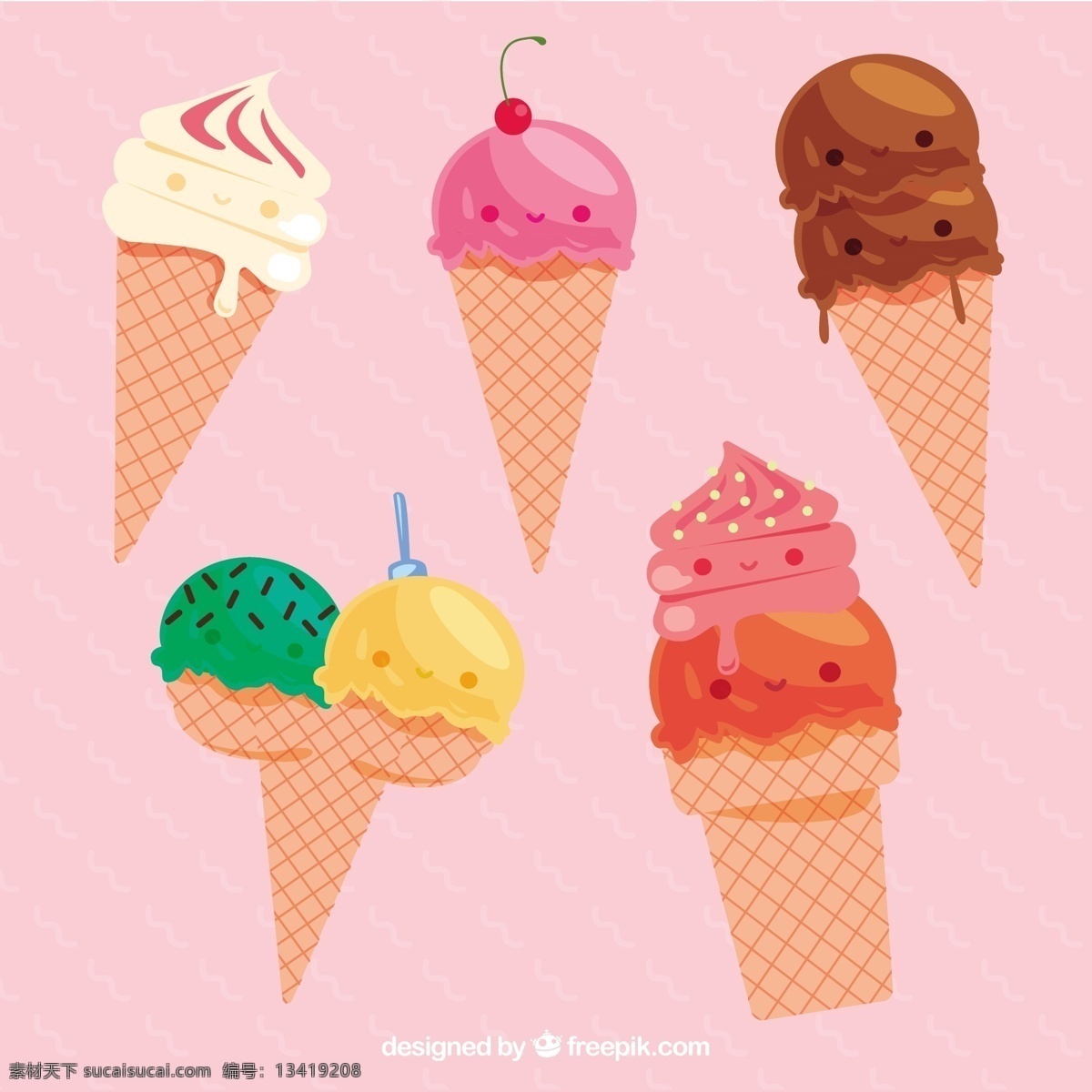 五 冰淇淋 锥 字符 包 食品 夏季 性格 可爱 颜色 平板 冰 甜 平面设计 有趣 甜点 奶油 吃 季节 包装