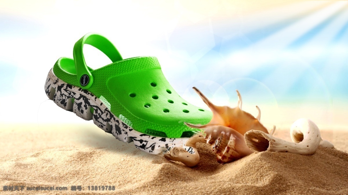 炫彩迪特海报 洞洞鞋 沙滩 阳光贝壳 海边素材 男凉鞋 情侣洞洞鞋 白色