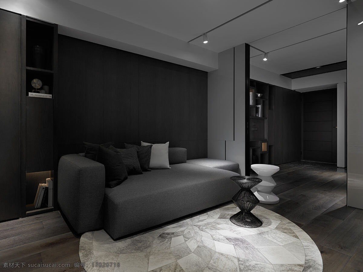 简约 时尚 客厅 圆形 地毯 装修 效果图 白色射灯 方形吊顶 灰色墙壁 木地板