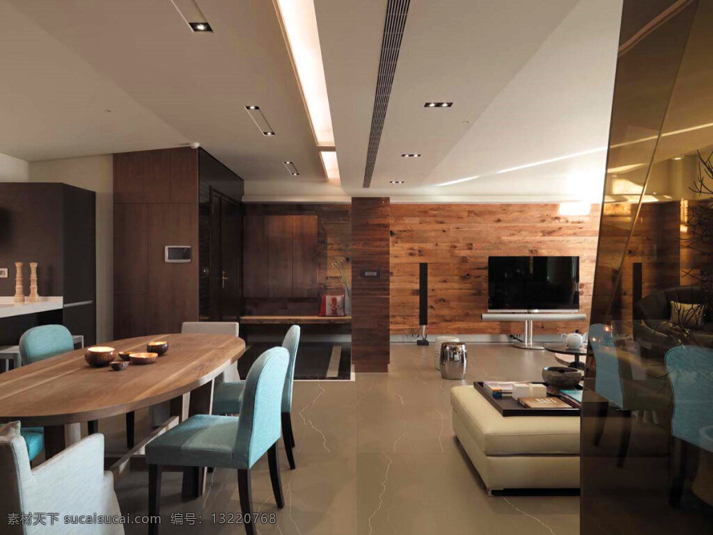 现代 客厅 木制家具 室内装修 效果图 客厅装修 褐色地板 蓝色椅子 浅色沙发