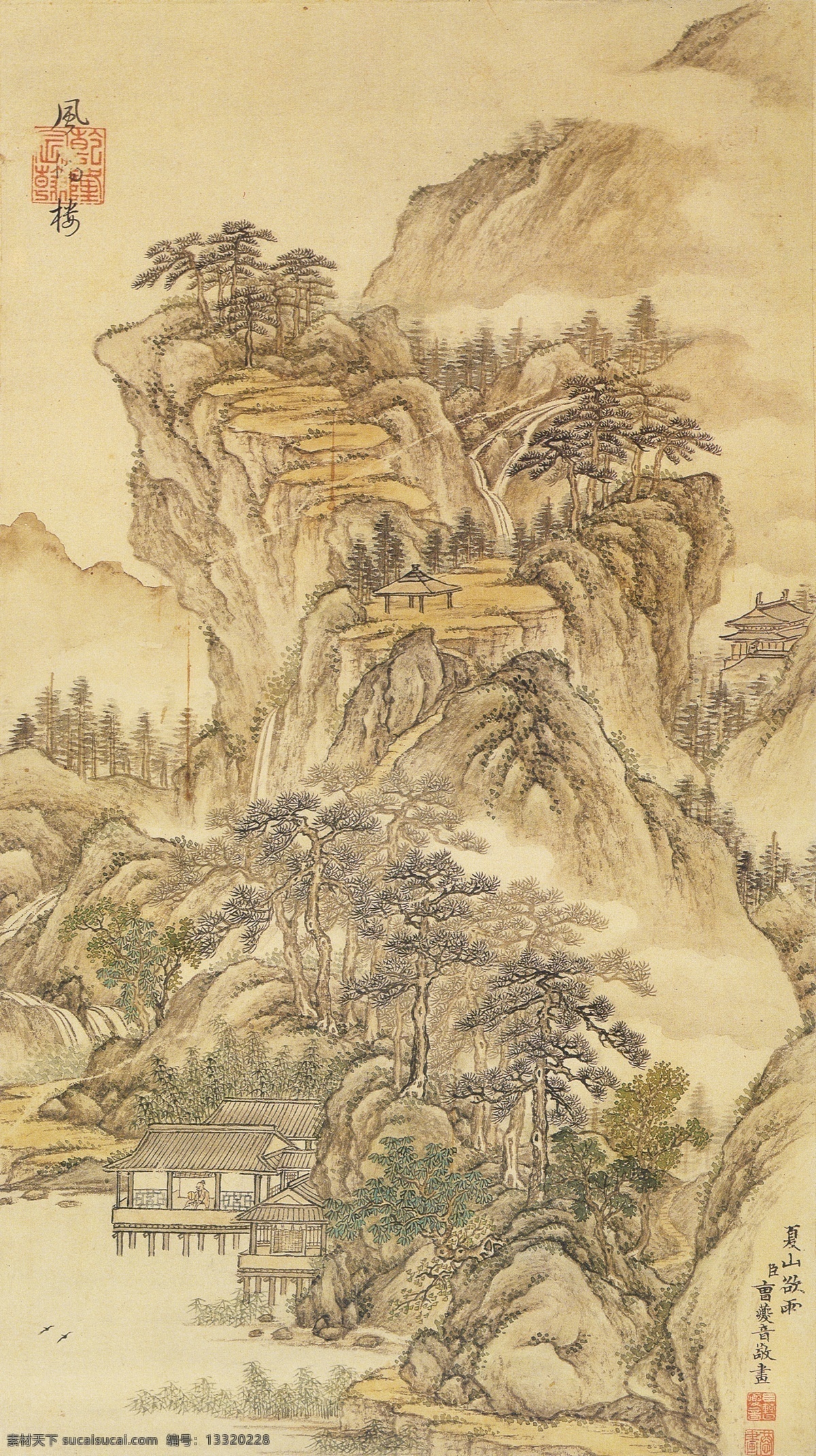 水墨山水 水墨画 山水 楼阁 山峦迭起 竖幅 古画 传统文化 文化艺术