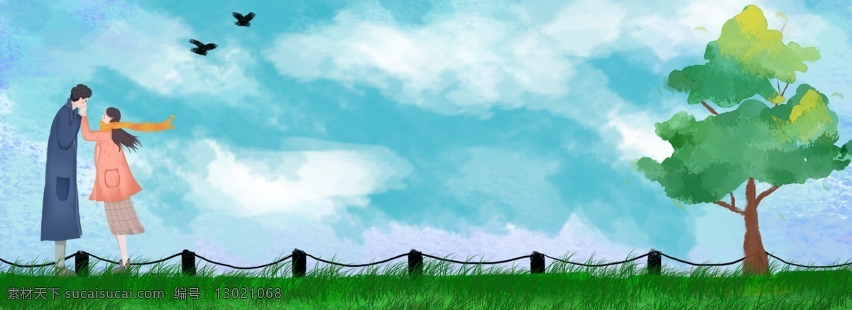 秋冬 唯美 情侣 服装 促销 上 新 背景 插画风 旅行 出行 促销海报 蓝天 树木