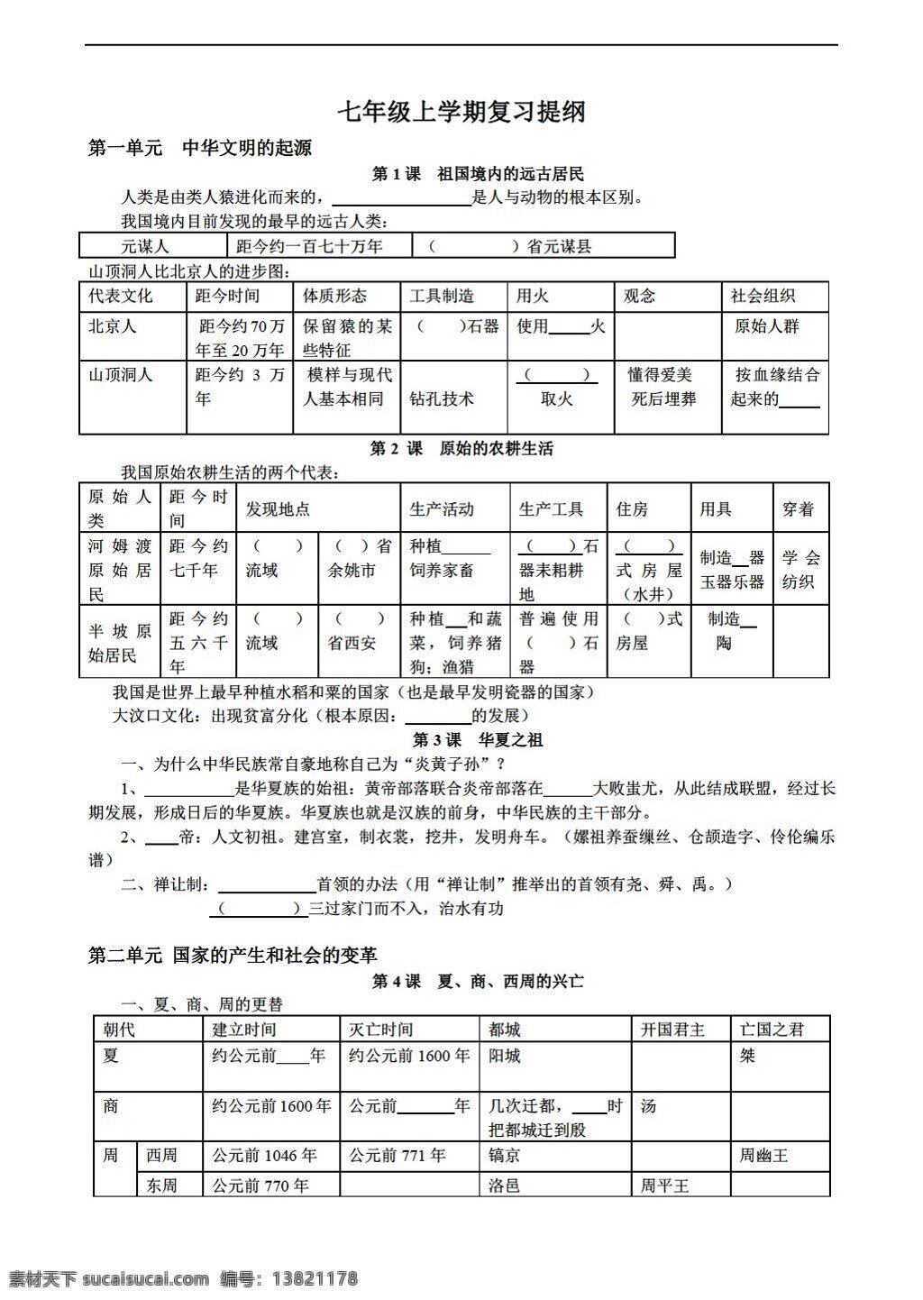 七 年级 上册 历史 复习 提纲 人教版 七年级上册 试题试卷