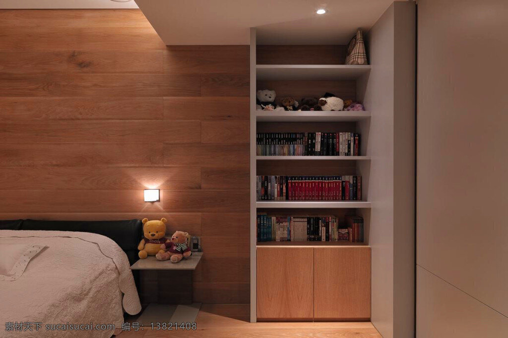 简约 卧室 置 物 柜 装修 效果图 白色射灯 床铺 方形吊顶 木地板 木质墙壁