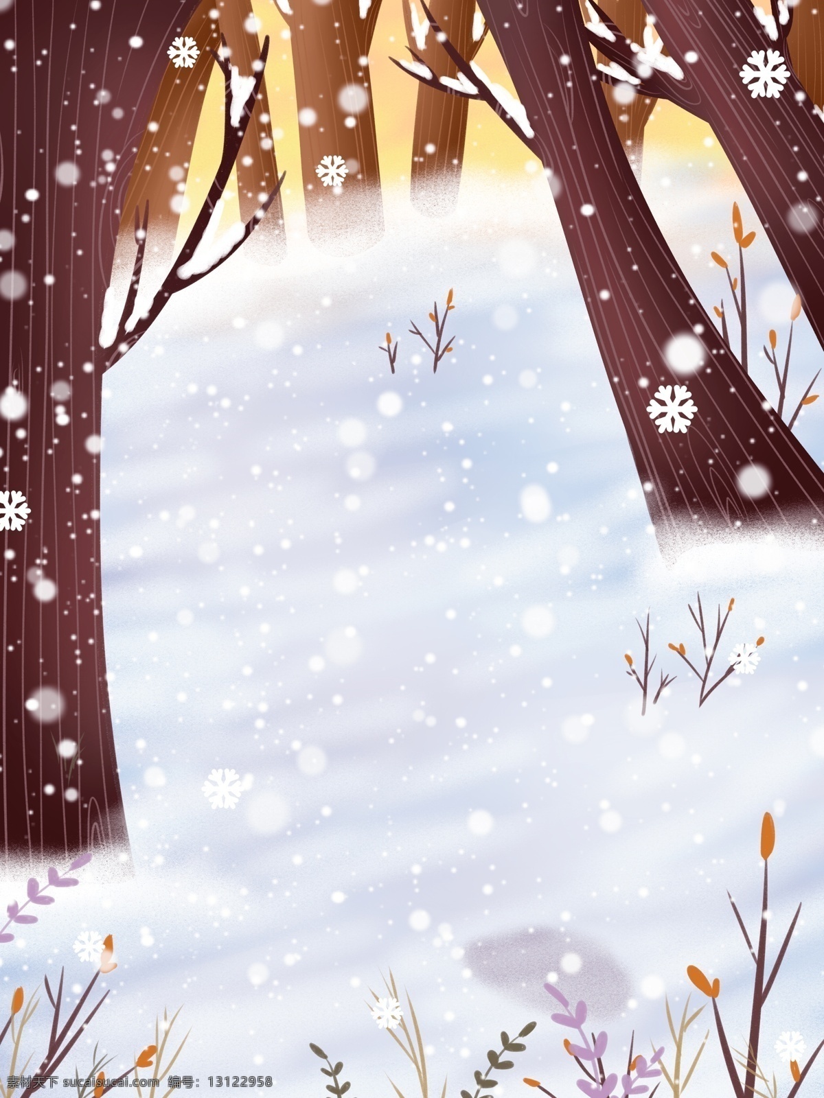 唯美 冬季 雪地 树林 背景 梦幻背景 雪花 冬季背景 彩绘背景 特邀背景 促销背景 背景展板图