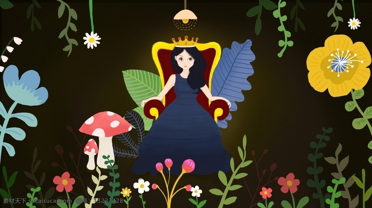 暗黑 女王 花草 蘑菇 夜晚 森林 原创 插画 黑色 皇冠 草 皇后 花 黑夜