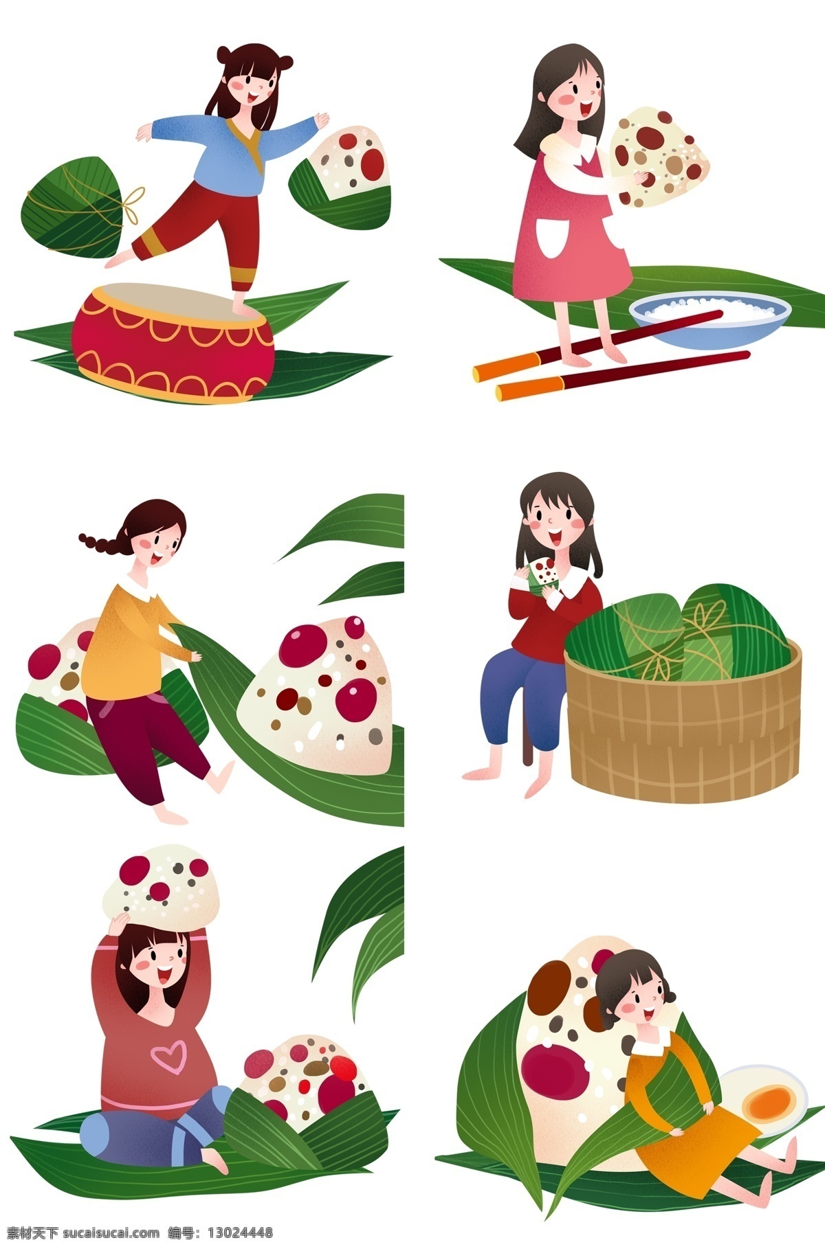 端午节 人物 插画 合集 包粽子的女孩 绿色的粽子 漂亮的小女孩 卡通人物 美味的粽子