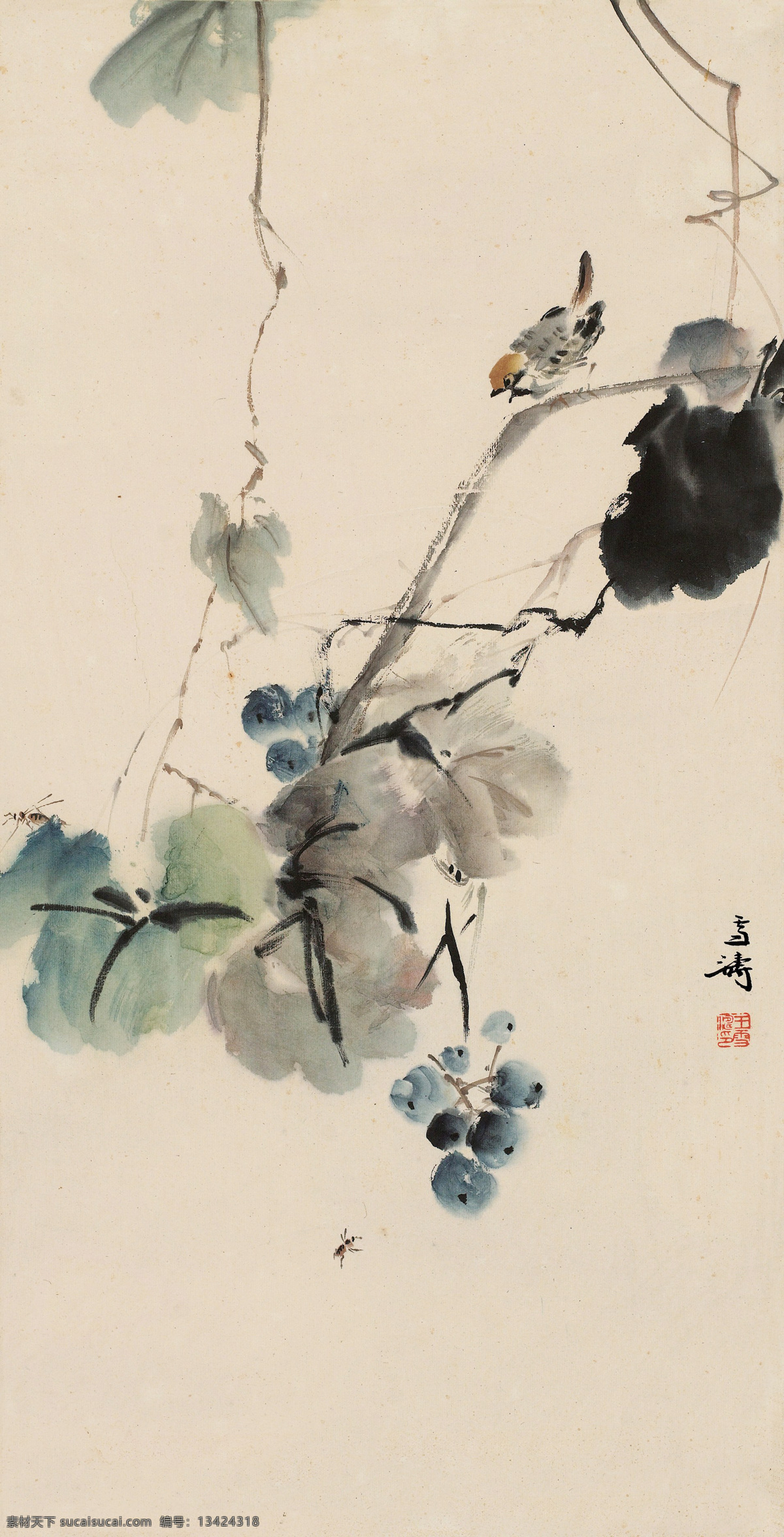 国画 花鸟 绘画书法 葡萄 水墨画 藤蔓 文化艺术 花鸟设计素材 花鸟模板下载 王雪涛 小鸟 写意 中国画
