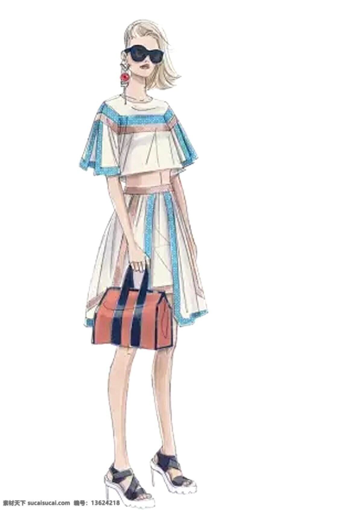 服装设计 服装效果图 蓝色上衣 墨镜 女装 条纹半身裙 清新 蓝色 条纹 短袖 效果图 黑色绑带凉鞋