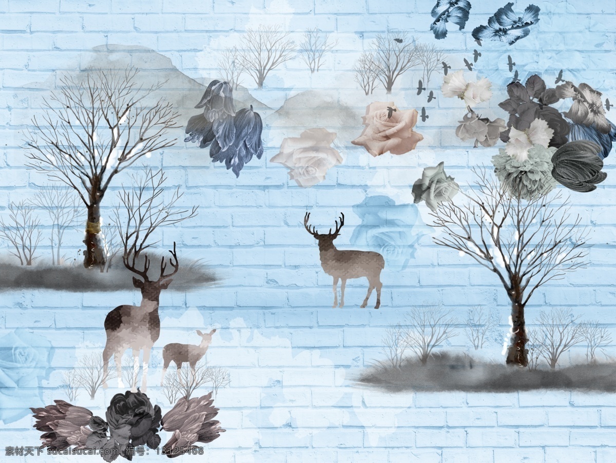 北欧 抽象 树林 麋鹿 背景 墙 背景墙 北欧抽象树林 麋鹿背景墙
