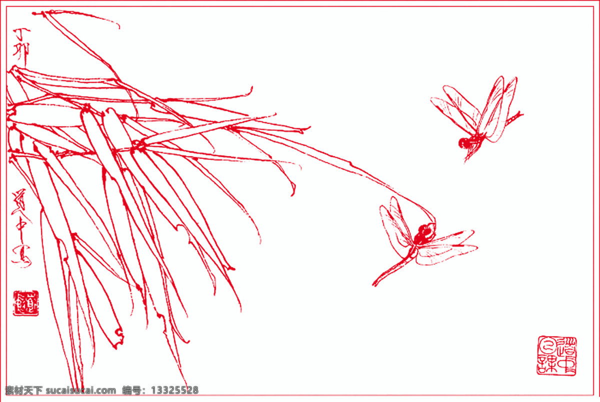 白描 线描 绘画 书画 花草白描 花草线稿 草虫 花草 蜻蜓 绘画书法 文化艺术