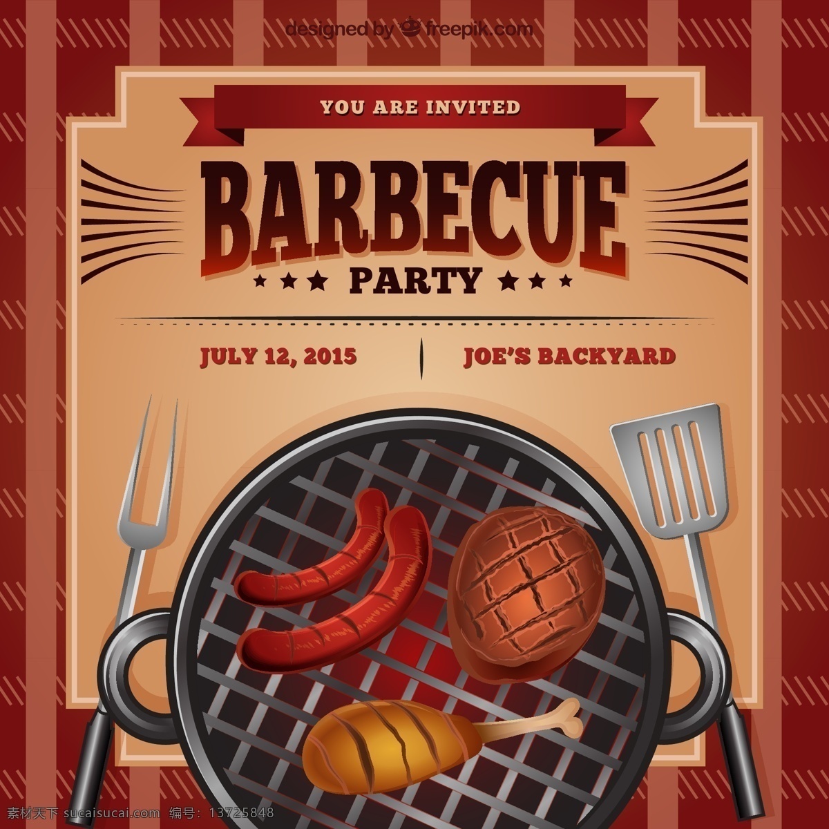 复古 烧烤 派对 邀请 海报 矢量图 烧烤炉 食物 牛排 鸡腿 香肠 bbq 红色
