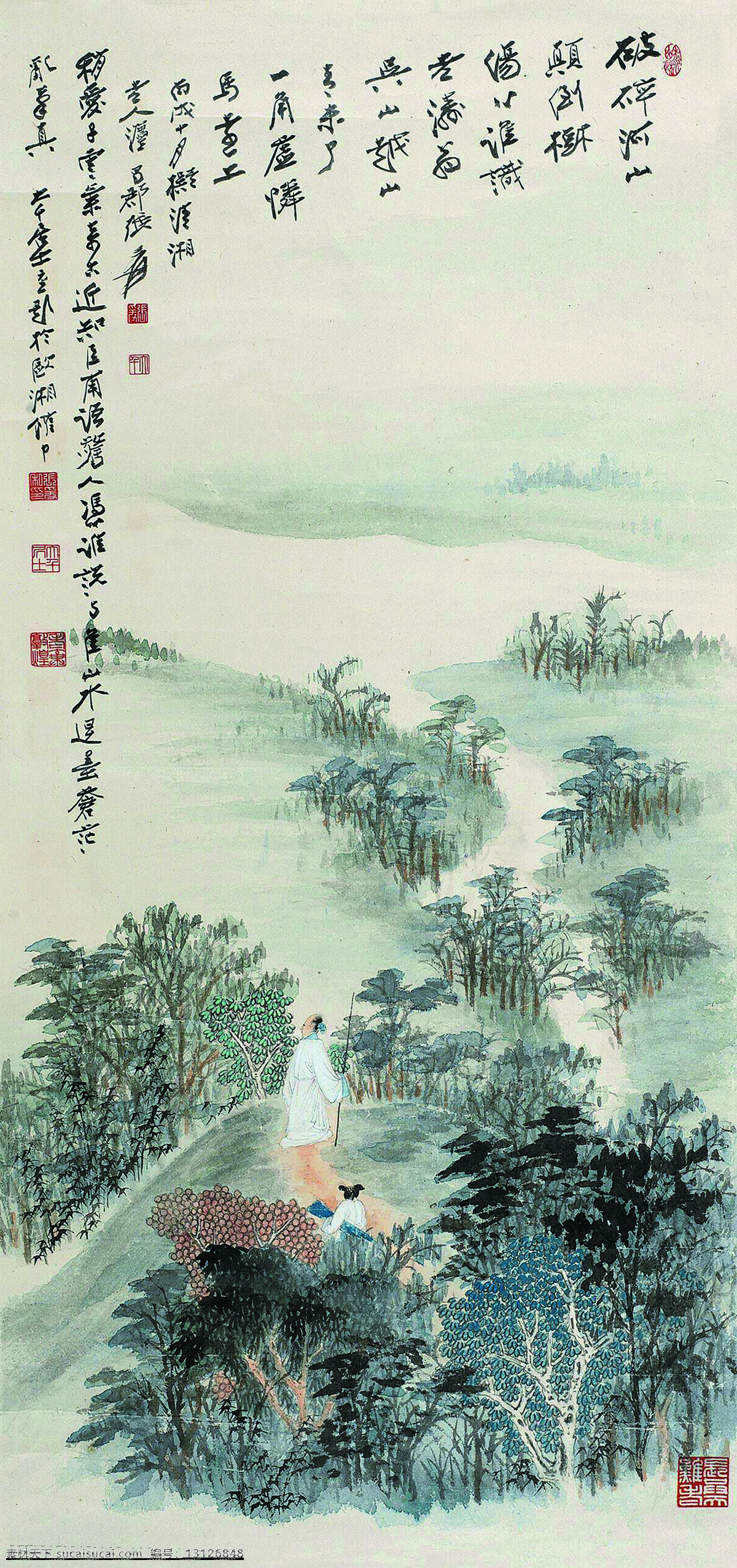 情寄河山 美术 中国画 山水画 山岭 山溪 河流 人物 树木 山路 国画集124 文化艺术 绘画书法 灰色