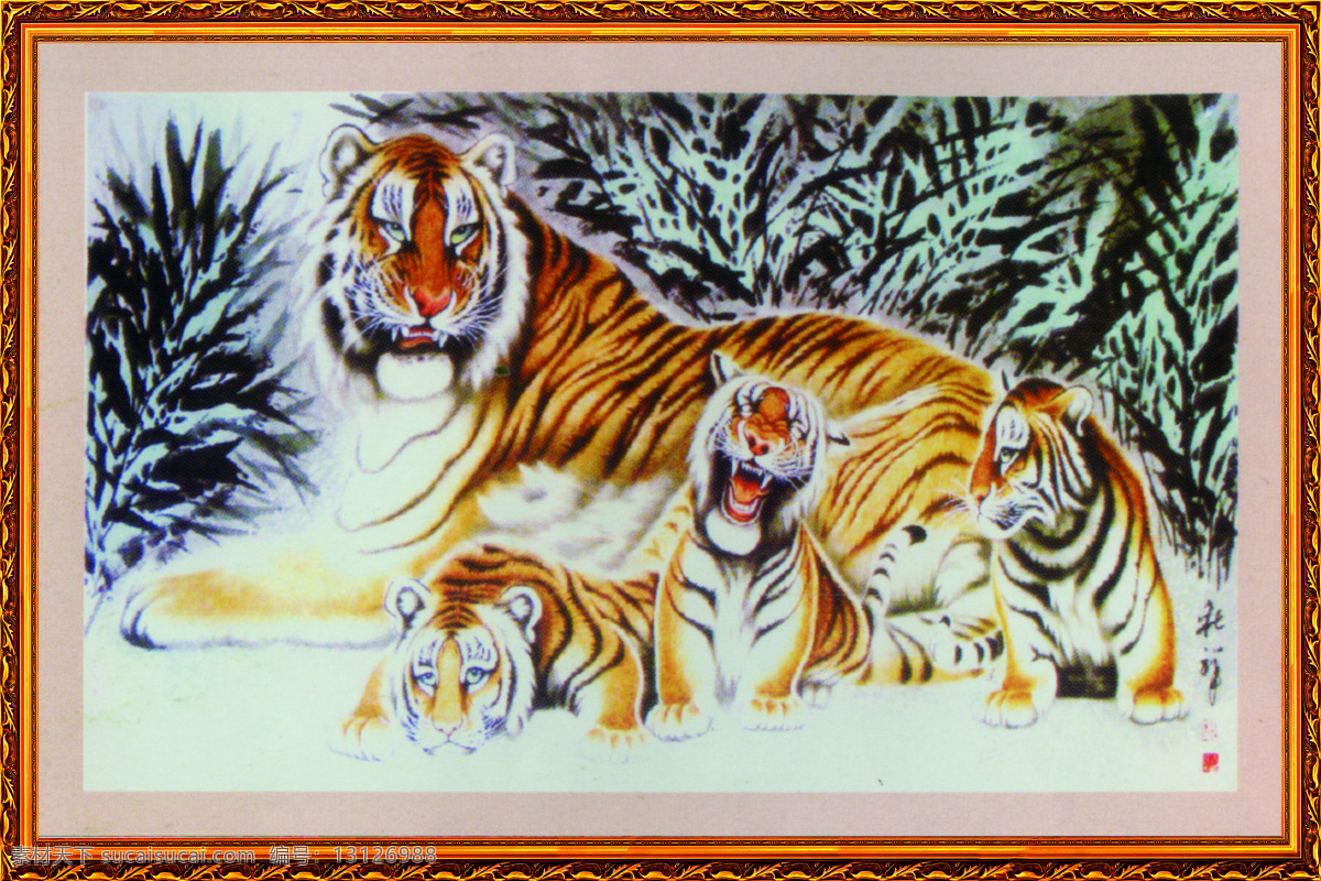老虎 3d 图 立体效果 山水风景画 油画 装饰素材 室内装饰用图
