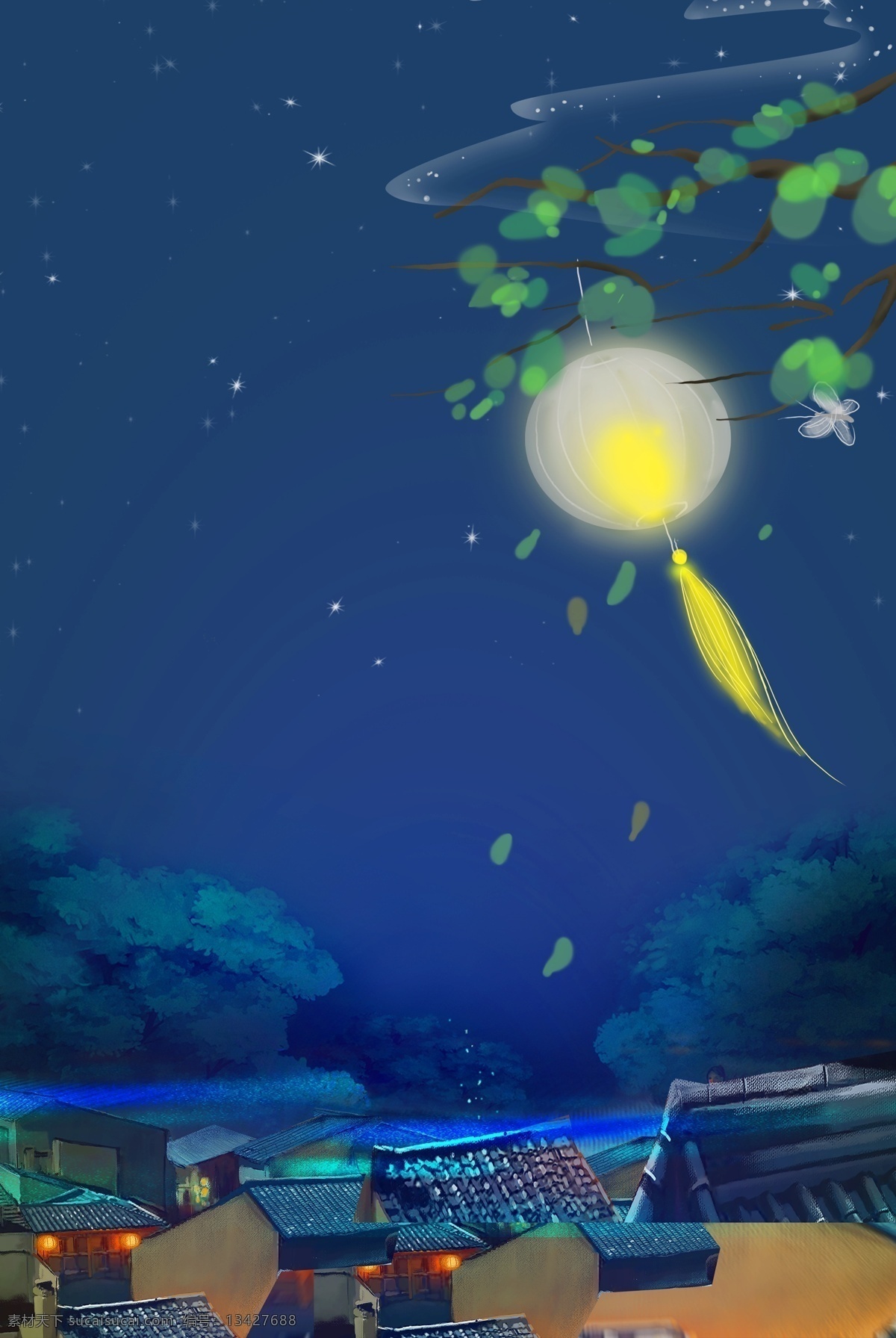 蓝色 手绘 月色 下 村庄 背景 月色下的村庄 蓝色背景 灯笼 大树 中秋节 夜空