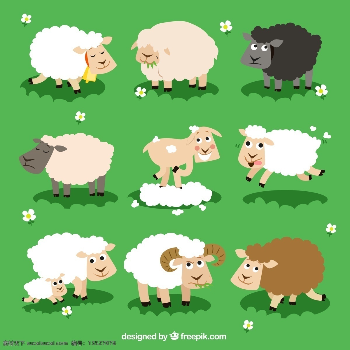 可爱卡通绵羊 牧场 草地 绵羊 剪羊毛 吃草 家畜 农场 动物 绿色