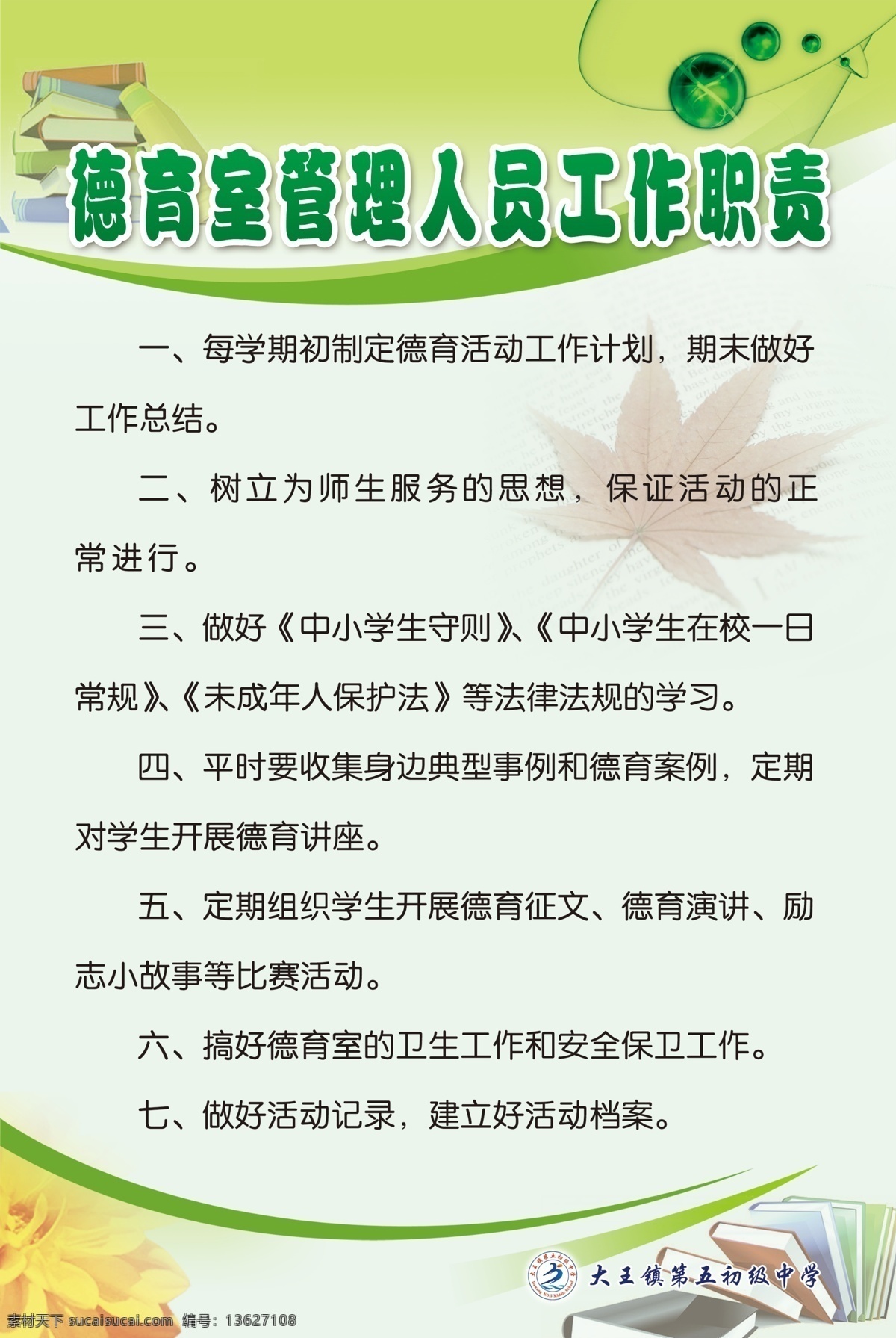 德育室 管理 人员 工作职责 管理人员 学校 展板 制度 绿色 书 宣传版面 分层