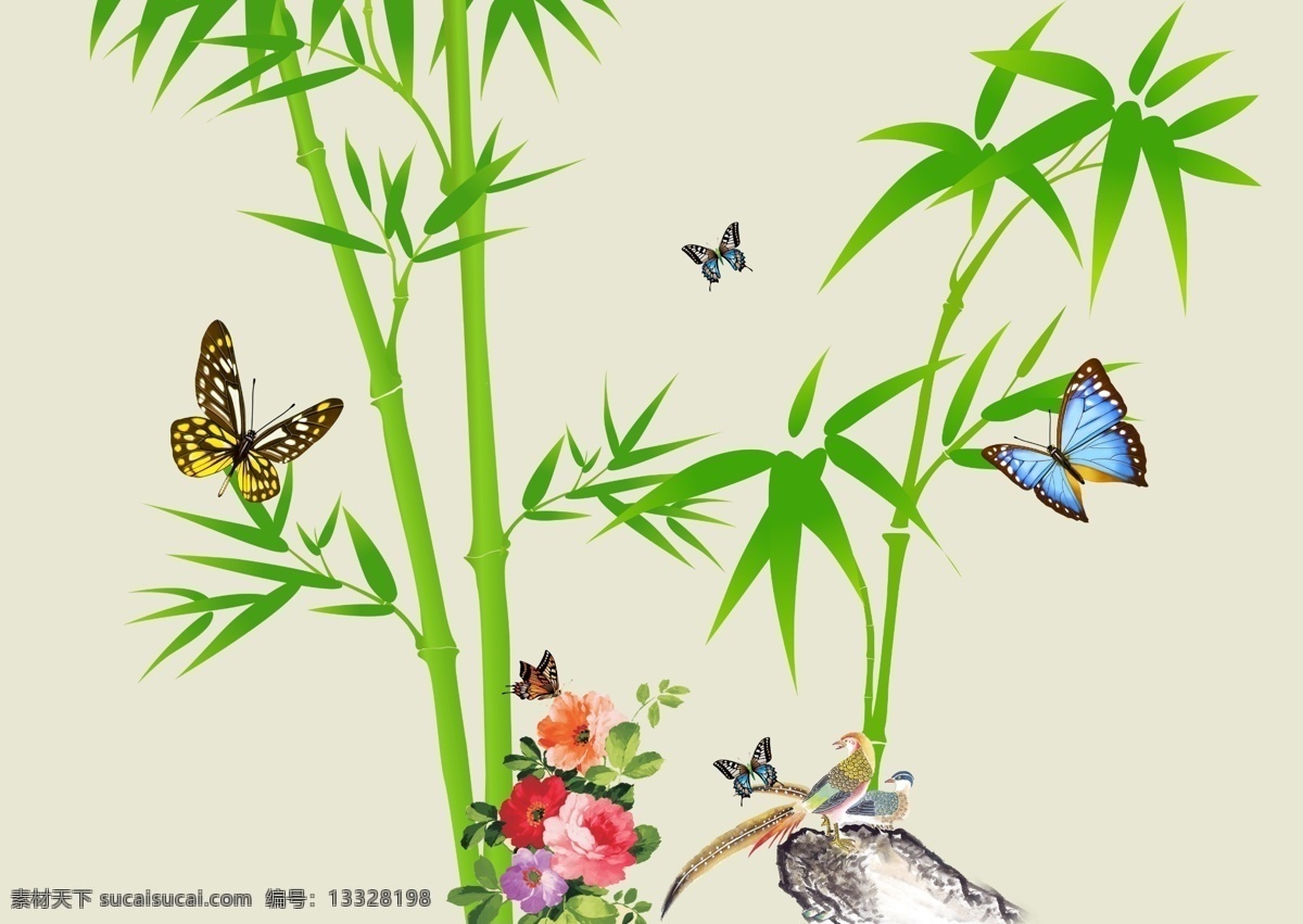 竹子 竹叶 竹 绿竹 蝴蝶 彩蝶 花 小鸟 彩鸟 植物 草本 分层 源文件
