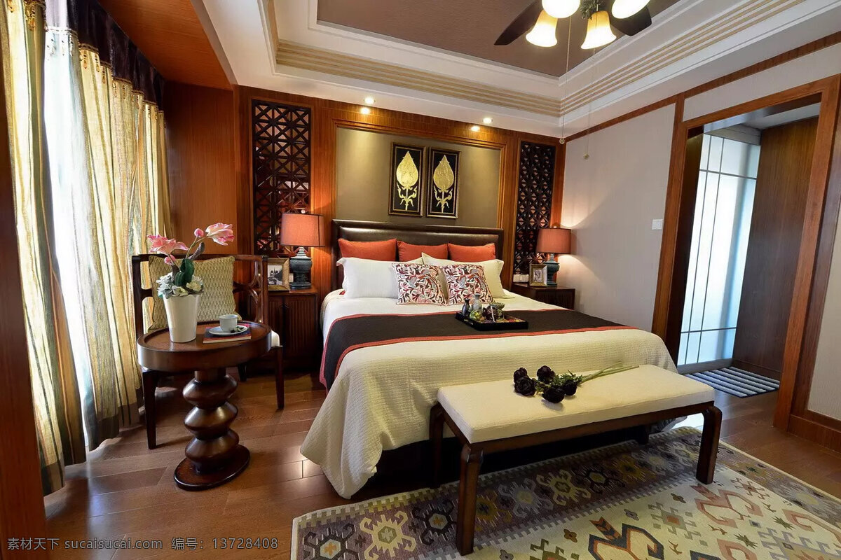 中式 时尚 卧室 吊扇 室内装修 效果图 卧室装修 金色吊扇 木地板 花纹地毯