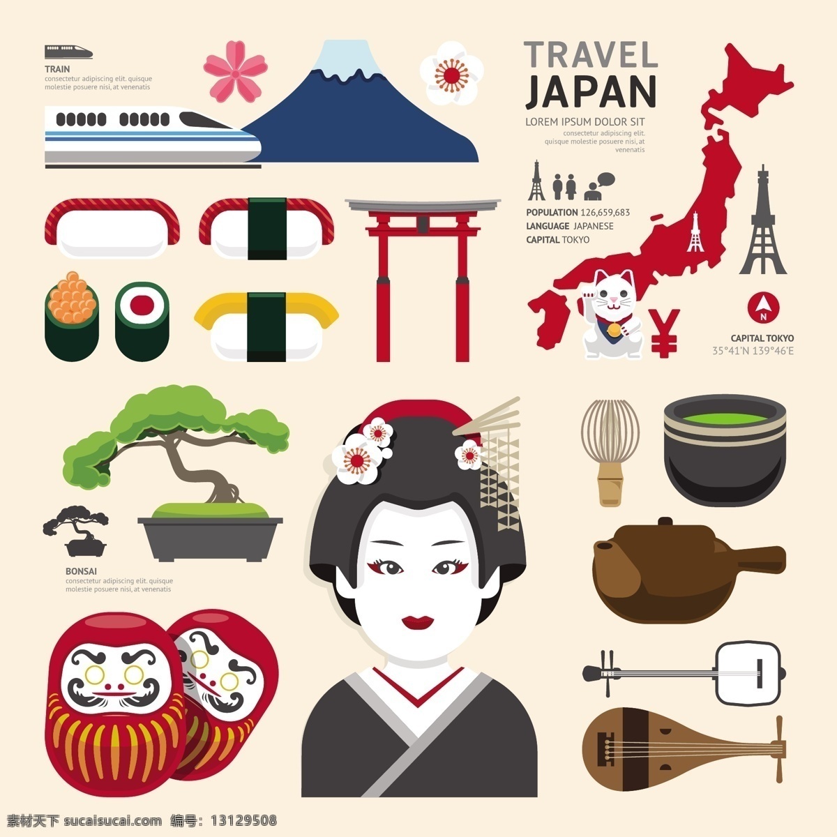 日本旅游 风情 茶壶 地图 富士山 盆景 日本元素 寿司 樱花 招财猫 新干线 子弹头列车 神社 艺伎 矢量图