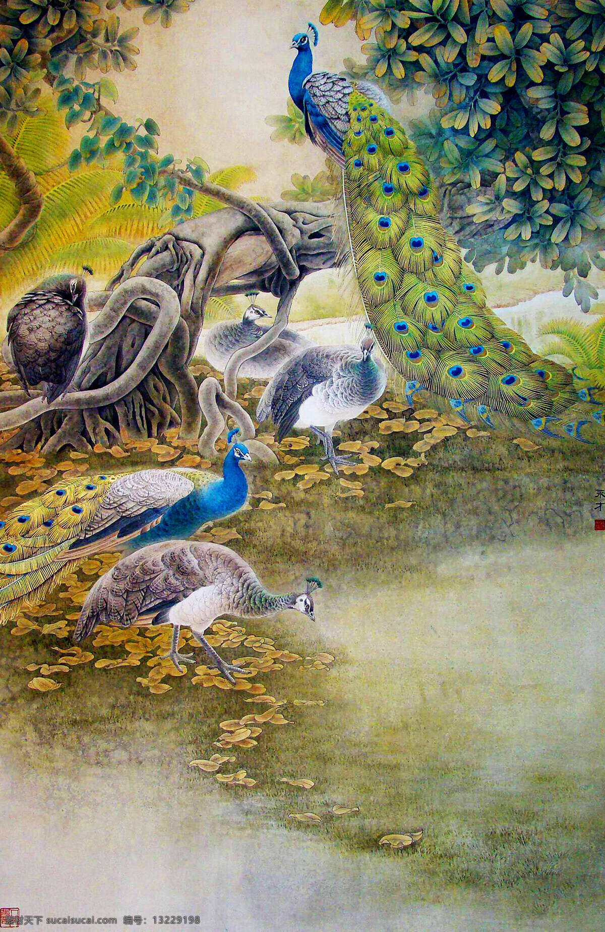 彩墨画 国画艺术 花鸟画 绘画 绘画书法 孔雀 书法 林中 设计素材 模板下载 林中孔雀 中国画 水墨画 工笔重彩画 现代国画 树林 树木 印章 国画集37 文化艺术 装饰素材 雕刻 图案