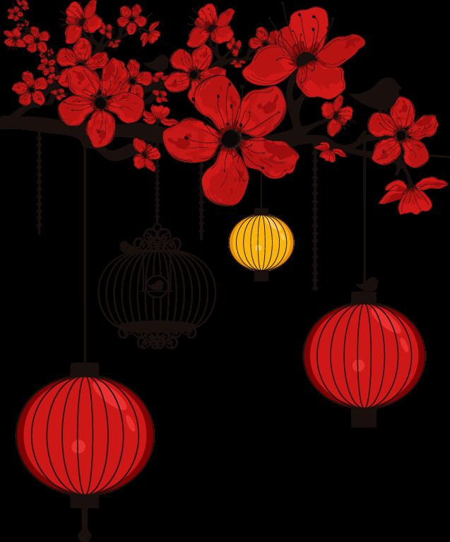 鲜艳 红色 梅花 灯笼 节日 元素 红色灯笼 红色梅花 节日元素 深色树枝 中国风元素