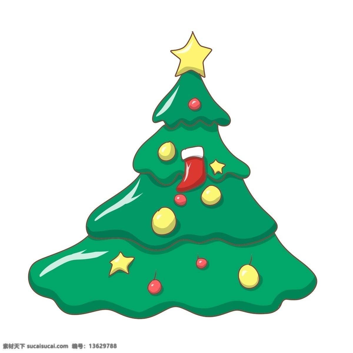 手绘 卡通 圣诞树 插画 手绘圣诞树 卡通圣诞树 圣诞树插画 红色果子 黄色星星 绿色的圣诞树 红色的圣诞袜 黄色的果果