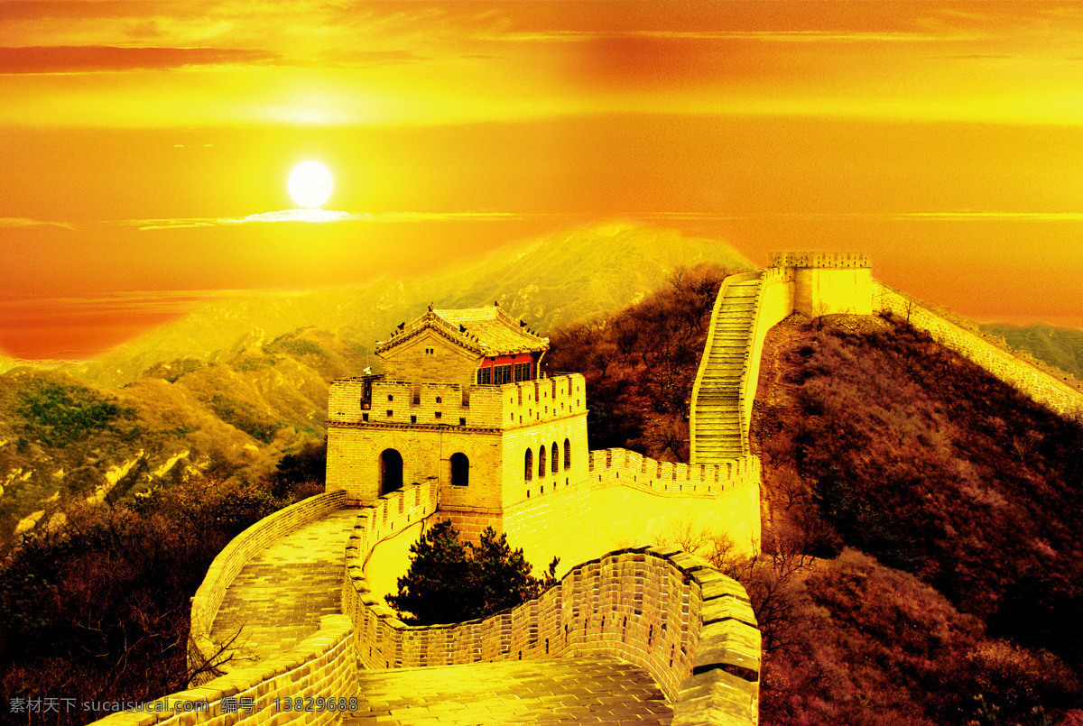 红色长城 自然 风景 长城 红色 经典 自然景观 自然风光 设计图库 300
