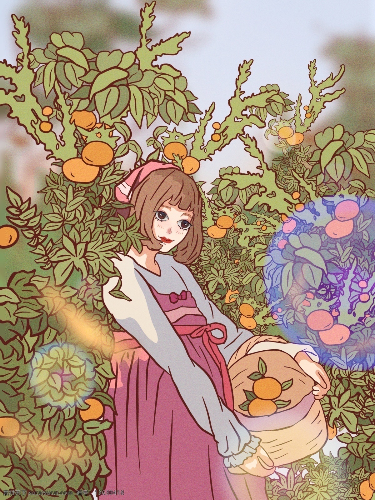 六月 你好 农家女 果园 摘 橘子 农家乐 六月你好 七月 五月 夏天 夏 盛夏 夏日 唯美 治愈 小清新 手绘 农家 农庄 果树 水果 果实 农活 摘橘子