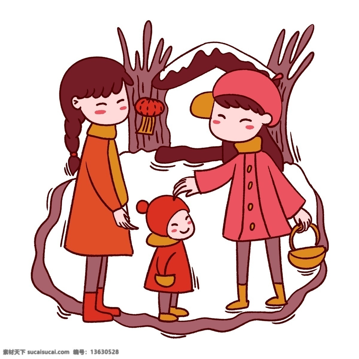 手绘 卡通 矢量 新年 过年 拜年 免抠 可爱 新年快乐 过年好 小孩子 房屋 枯树 红灯笼 帽子 围巾 棉衣 喜气洋洋 大年初一