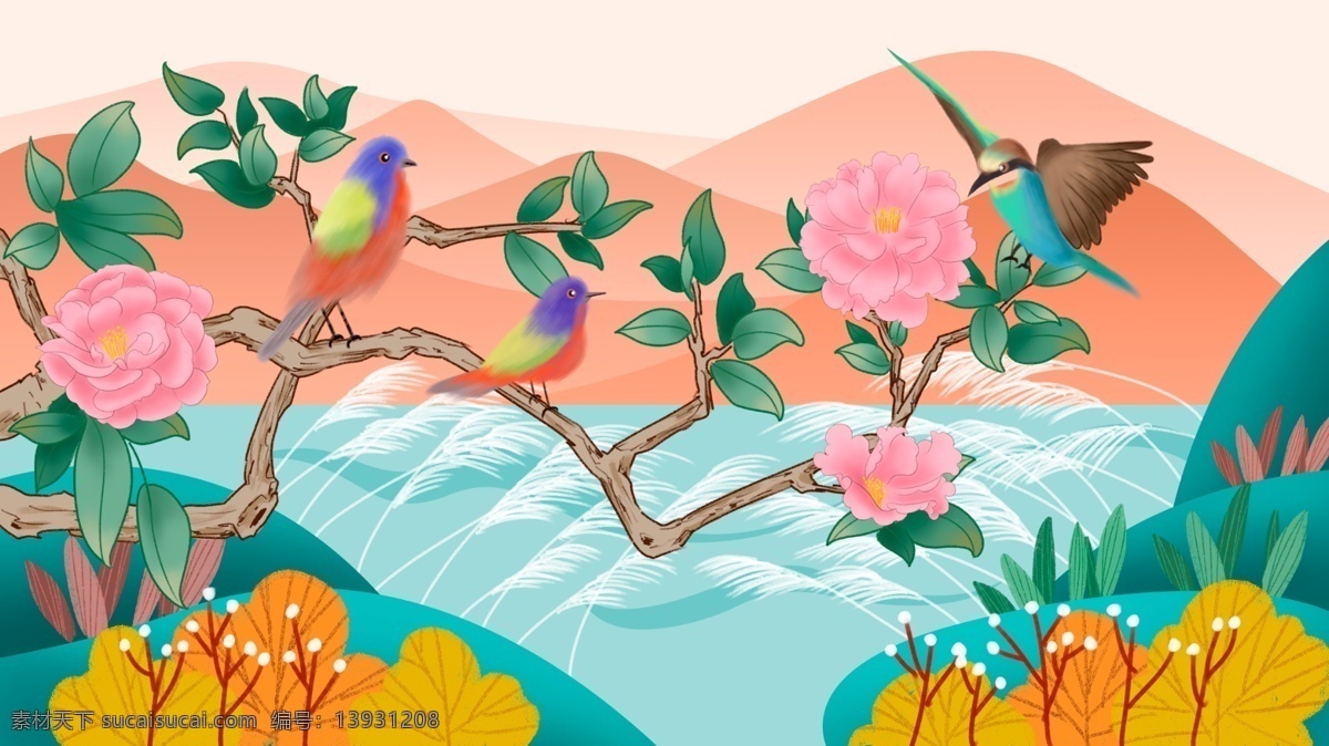 山水 花鸟 风景 卡通 背景 花叶