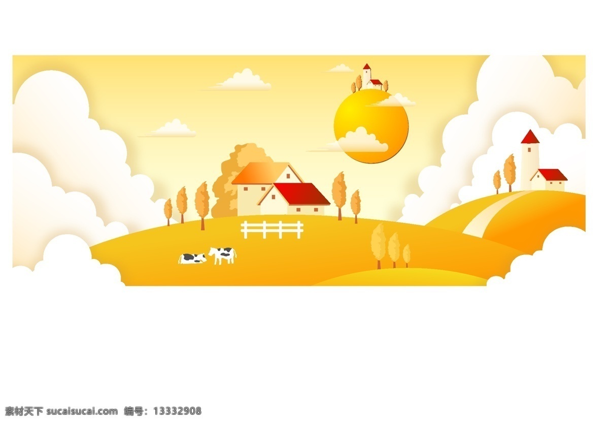 小 村庄 秋色 矢量 源文件 卡通 动漫 春天 风景 风光 清新 绿色 背景 秋天 秋景 金黄 黄色 丰收 蓝天 白云 天空 草地 花 草 树 路 房屋 城镇 房子 背景素材 分层 白色