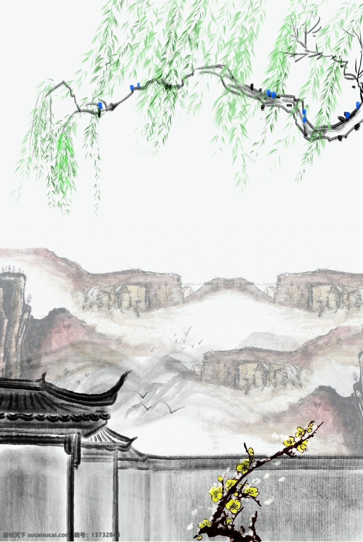 水墨 山水风景 背景 水墨山水 水墨风景 中国风 水墨画 装饰画 水墨风景画 柳树 复古