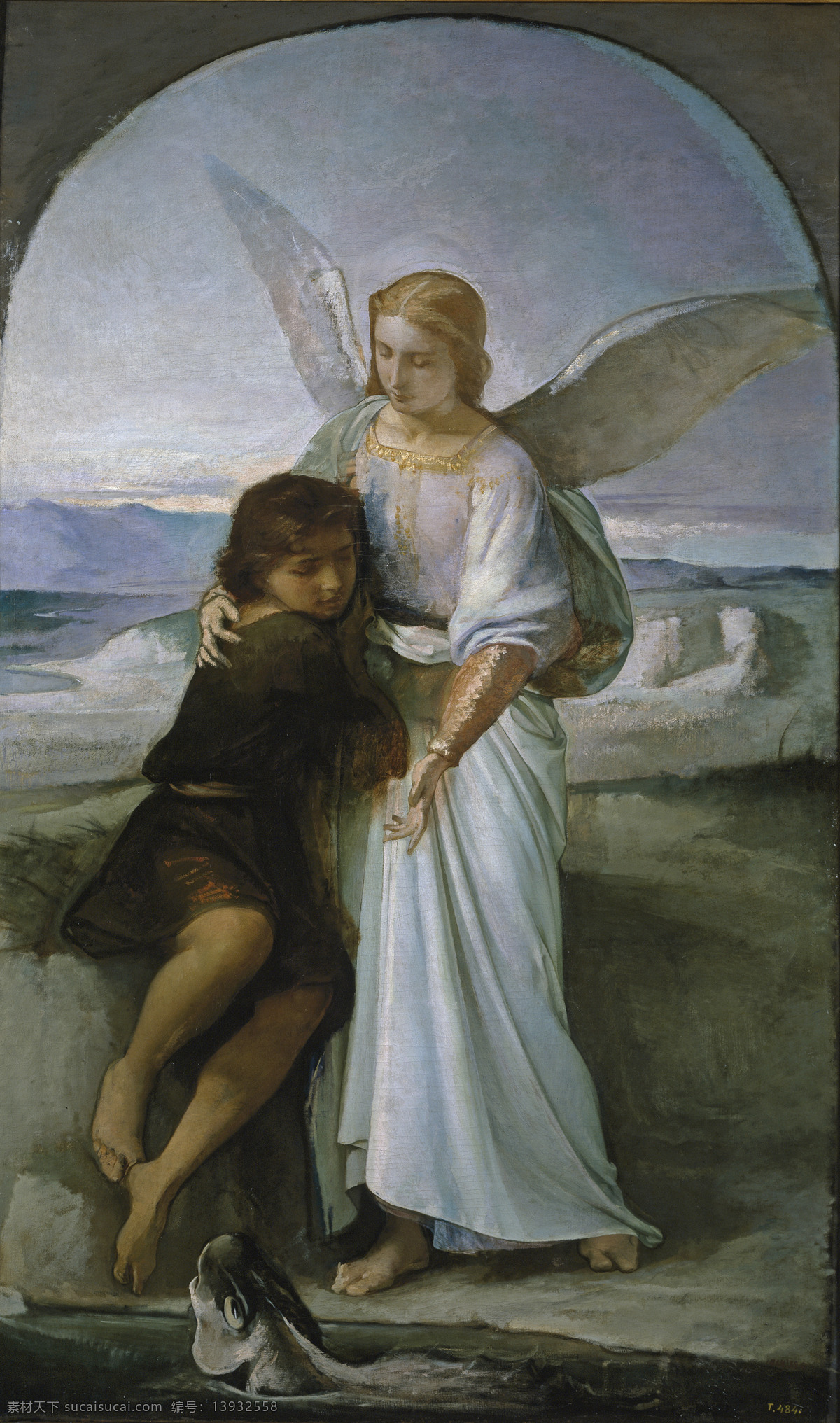 天使的爱抚 小男孩儿 天使 海边 悲伤 安慰 19世纪油画 油画 绘画书法 文化艺术