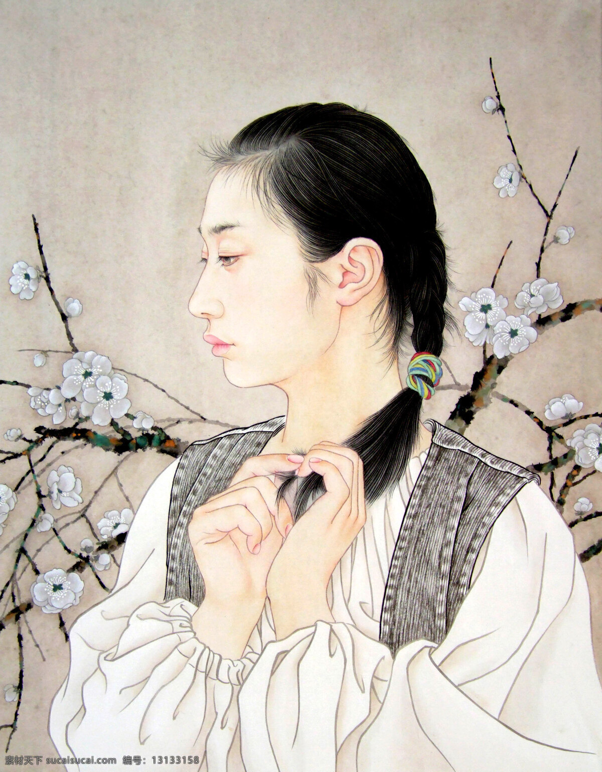 表情 发型 服饰 姑娘 国画艺术 绘画 绘画书法 梅花 梅花少女 中国画 工笔重彩画 人物 少女 女子 美丽 姿态 白梅 书法 印章 国画集28 文化艺术 装饰素材 雕刻 图案