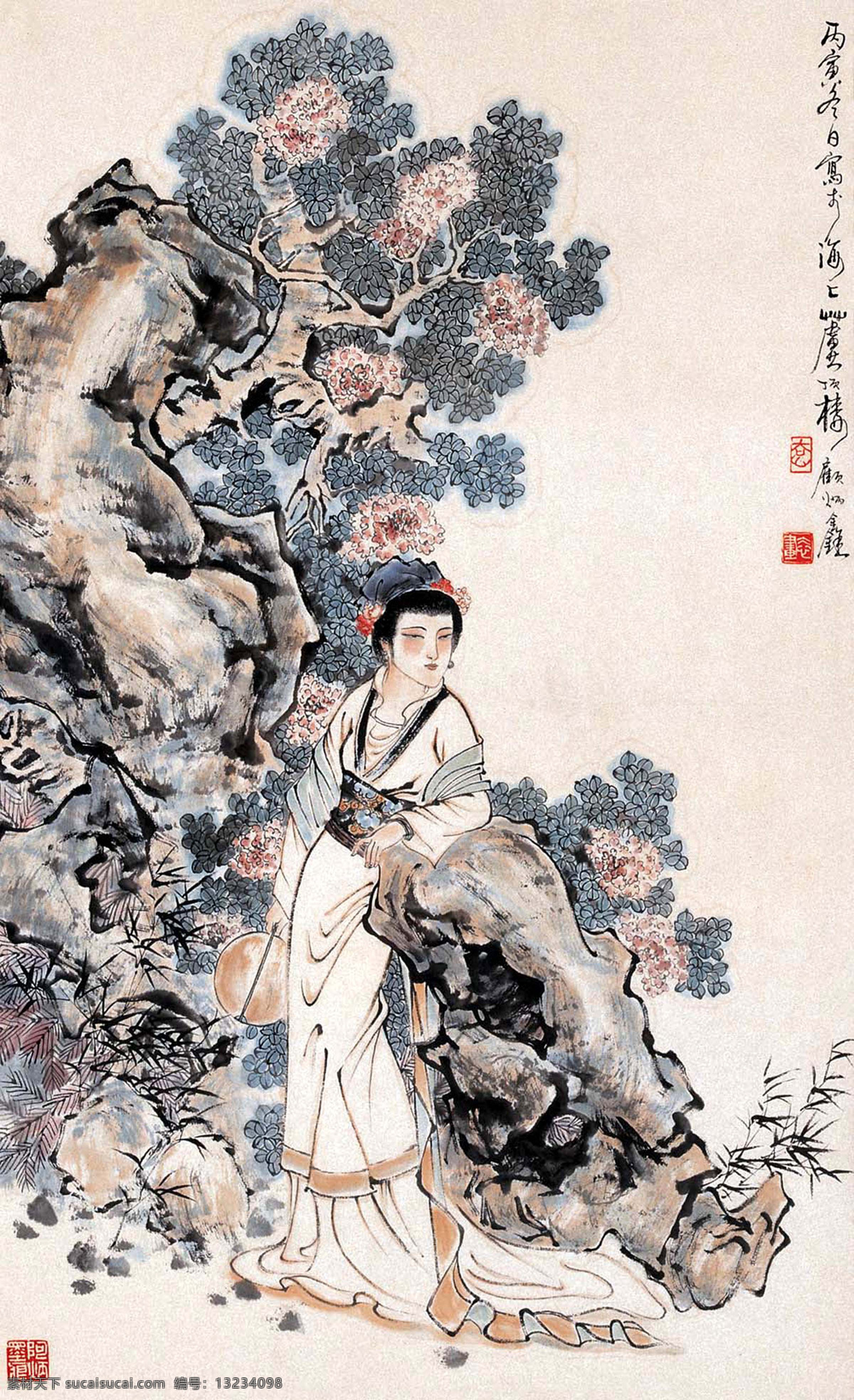 凝视 美女 长裙 飘带 头饰 戴花 耳环 手镯 团扇 山石 山竹 花木 古典 国画 顾炳鑫 工笔 仕女 名家工笔仕女 绘画书法 文化艺术