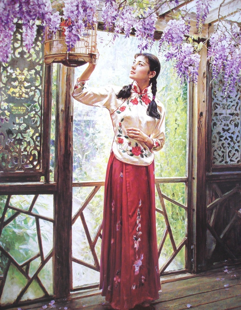 穿 旗袍 少女 油画 油画人物 长裙 廊桥 过道 鸟笼 逗鸟 花园 绘画书法 文化艺术