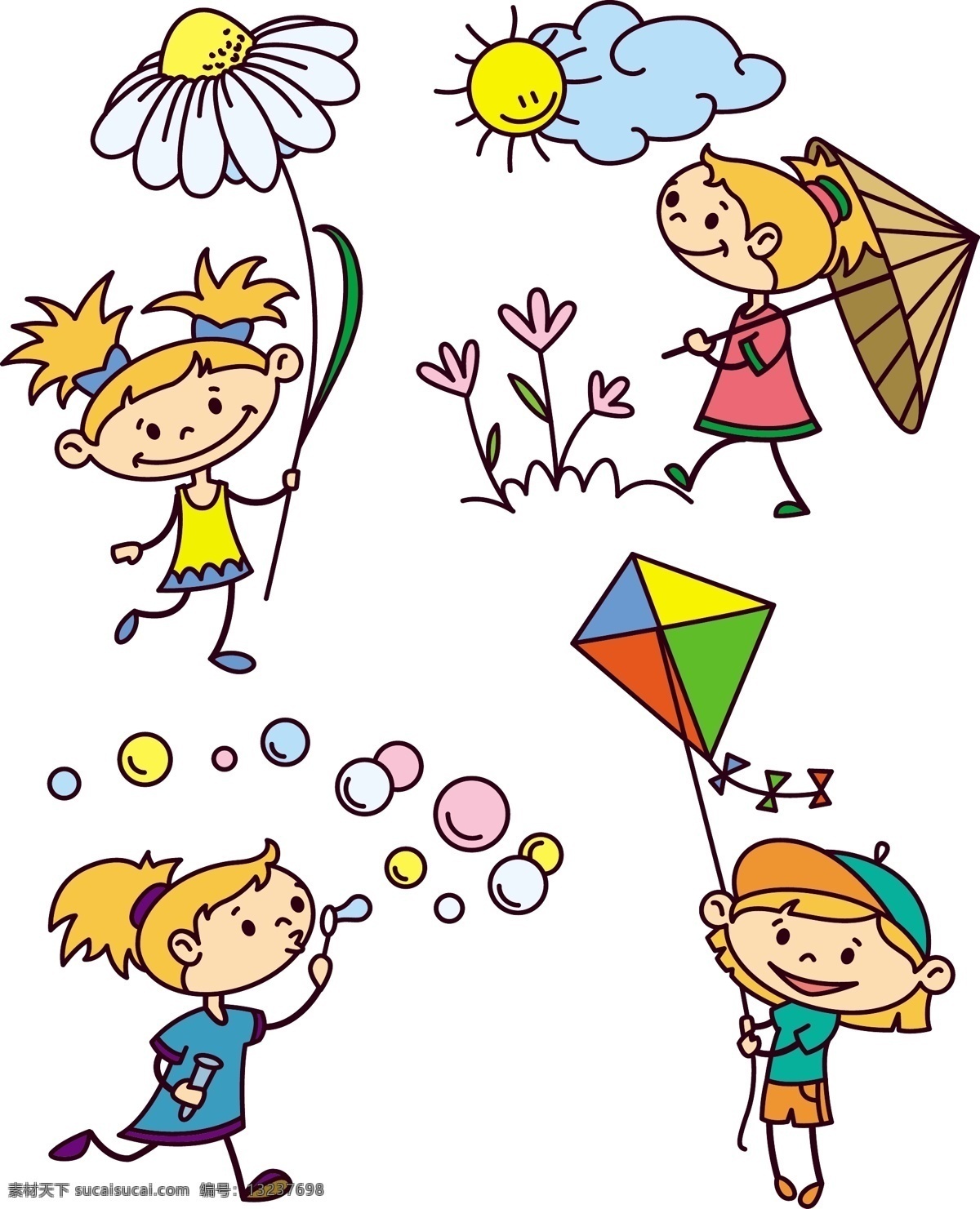 卡通 可爱 女孩 玩耍 花朵 放风筝 宝宝 泡泡 风筝 动漫动画 白色